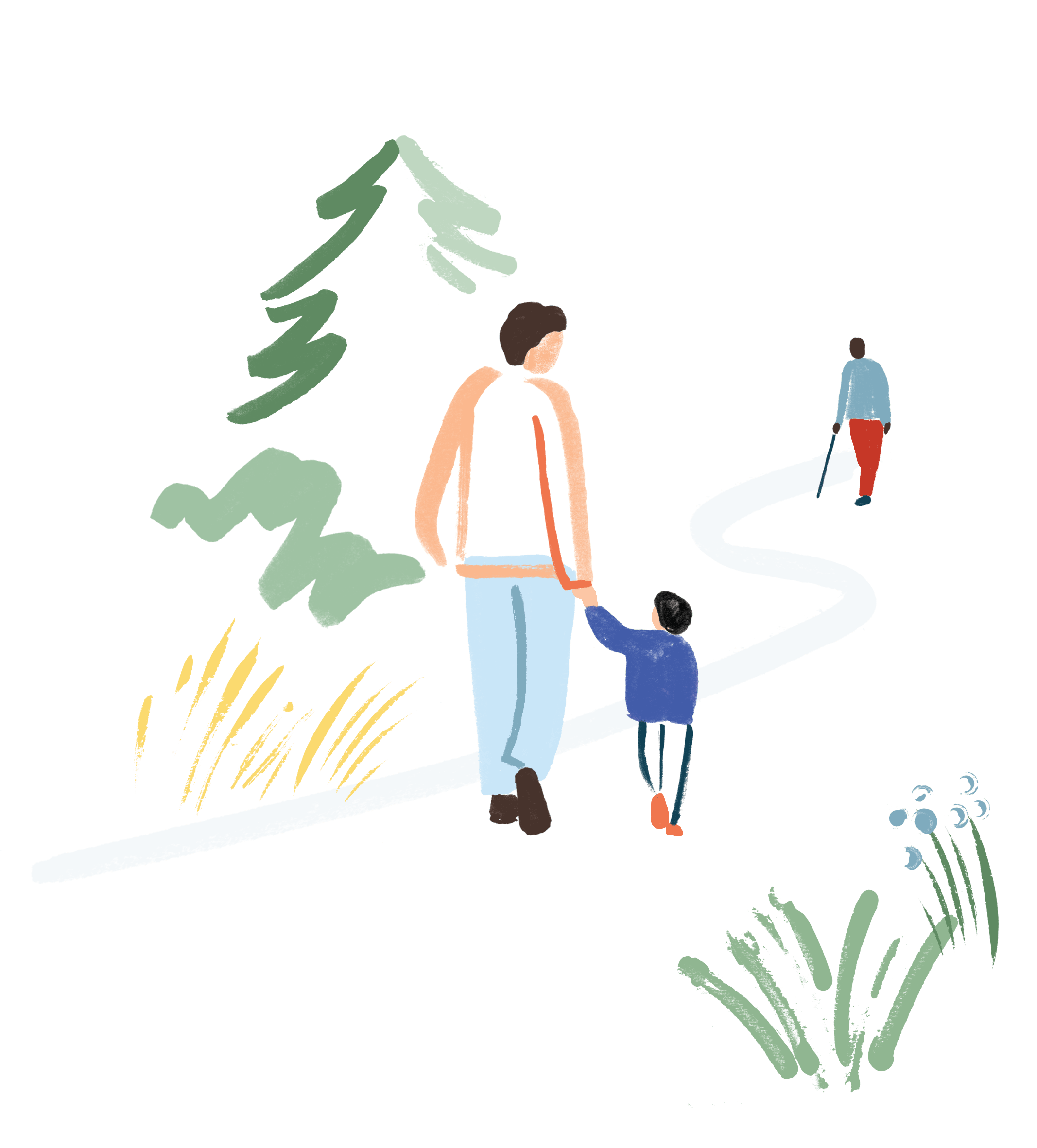 Illustrasjon av voksen person som leier et lite barn i naturomgivelser. I bakgrunnen skimtes en person med stokk.