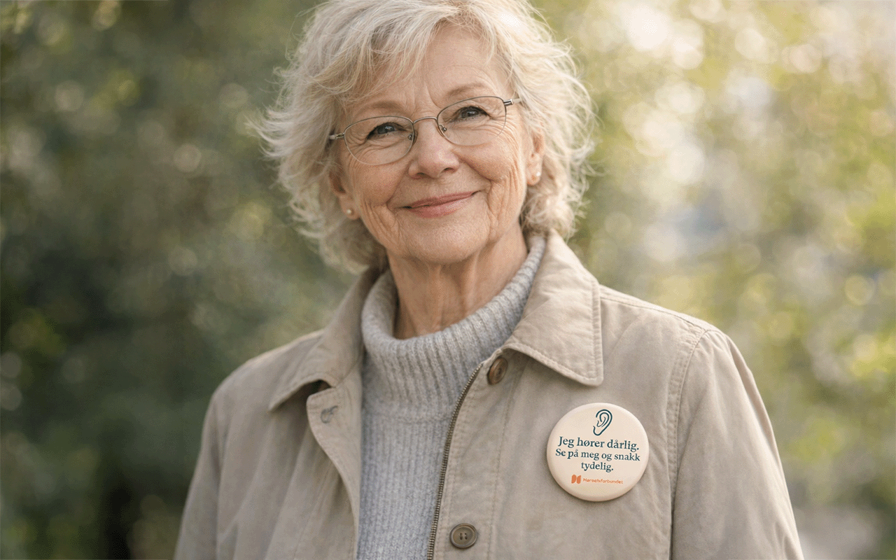 Smilende eldre dame med button med teksten "Jeg hører dårlig. Se på meg og snakk tydelig."