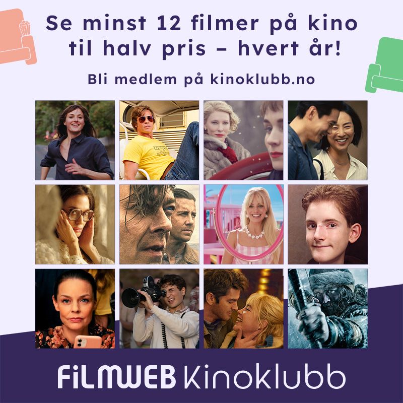 Plakat med teksten: "Se minst 12 filmer på kino til halv pris – hvert år! Filmweb Kinoklubb