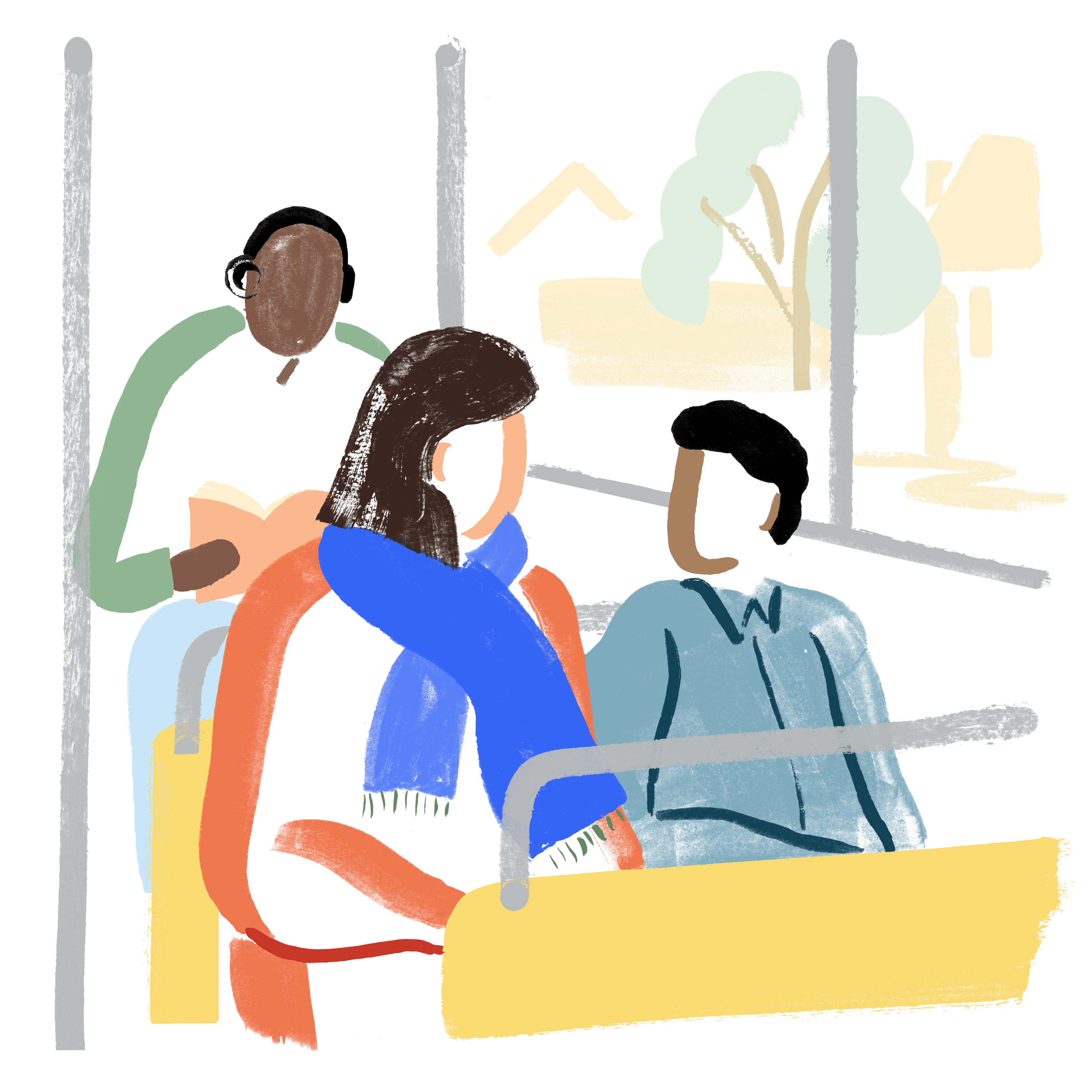 Illustrasjon av tre personer på kollektivtransport