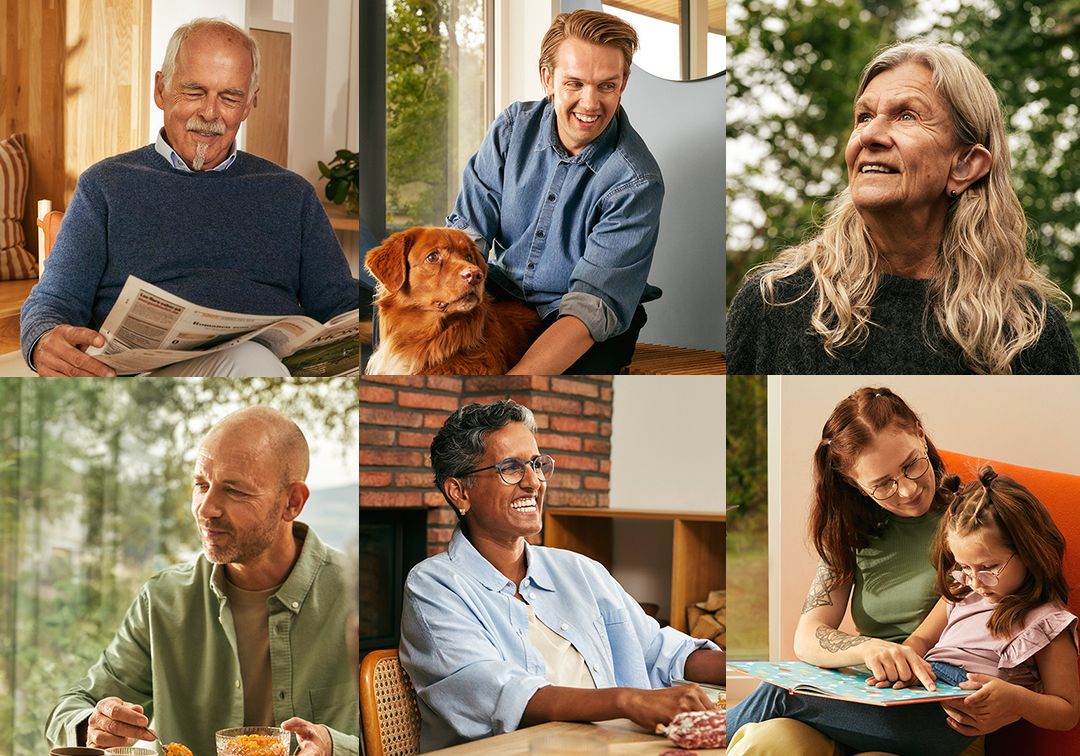 Collage av eldre mann med avis, yngre mann med hund, dame med langt lyst hår, skallet mann med grønn skjorte, mørk dame med blidt smil, mor og datter som leser bok.